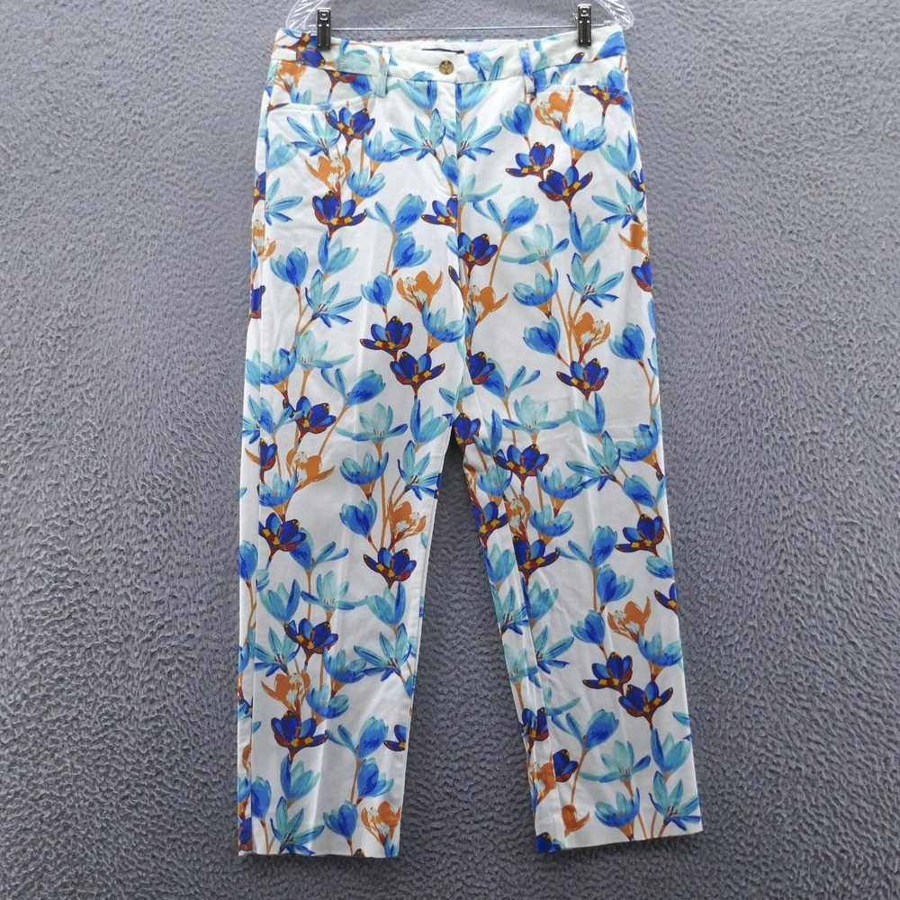Lands End Womens 8T Mid Rise Straight Leg Floral Pants White Blue Orange Stretch